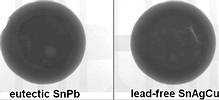 Figure 2. X-ray images of two BGA solder joints: eutectic lead-tin on the left and lead-free solder on the right. The images have been taken from assemblies with identical layout at exactly the same X-ray parameters, and have not been processed further. In the centre of the solder joints, the lands engulfed by the solder show as brighter circles